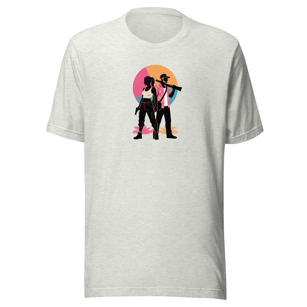Outlaw Couple Neon Sunset Crime Duo Graphic Tee — ash front view