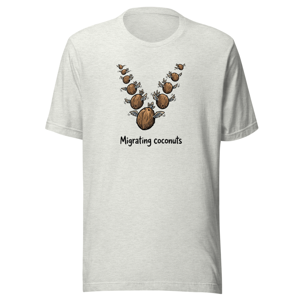Migrating Coconuts V Formation Absurd Comedy Tee â€” Ash front view