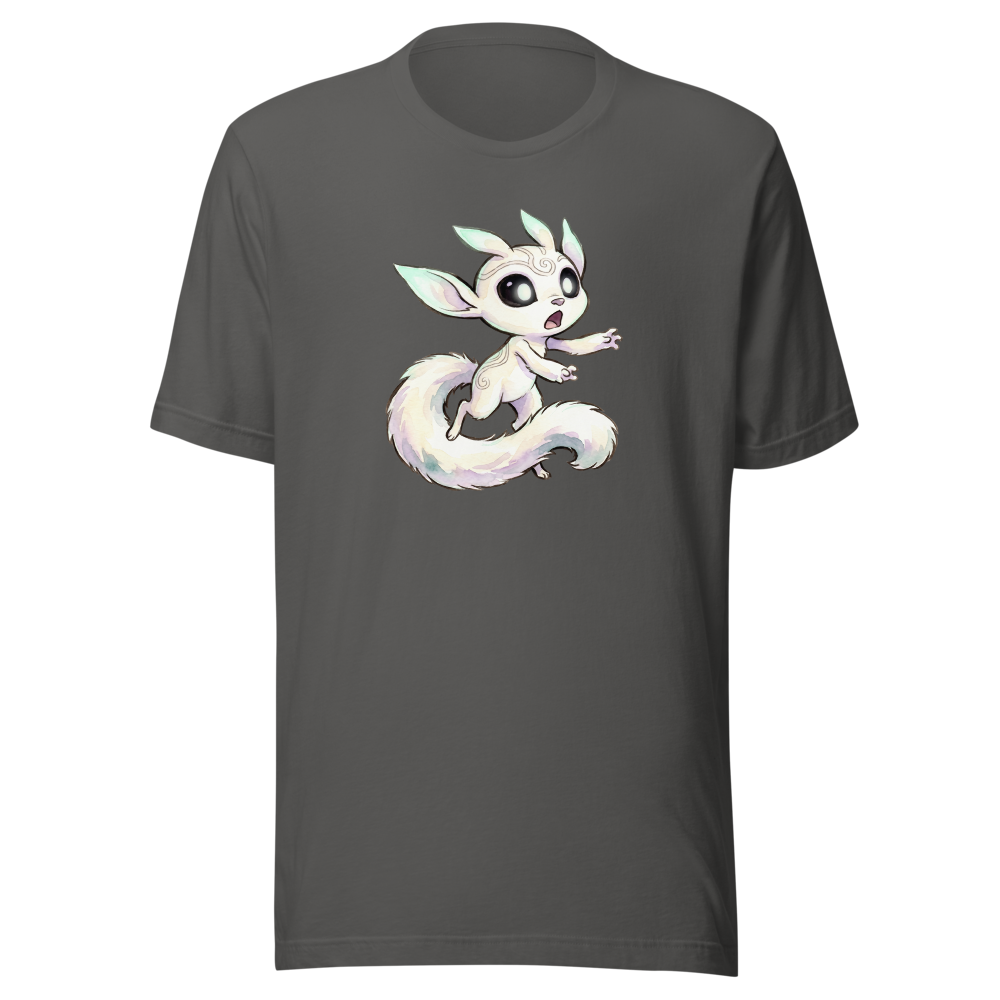 Glowing Forest Sprite Watercolor Caricature Tee — asphalt front view