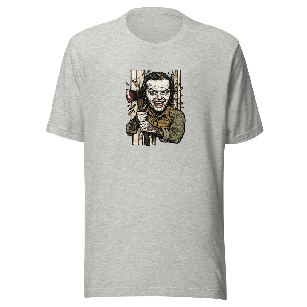 Axe Maniac Door Breach Blackwork Horror Tee — athletic heather front view