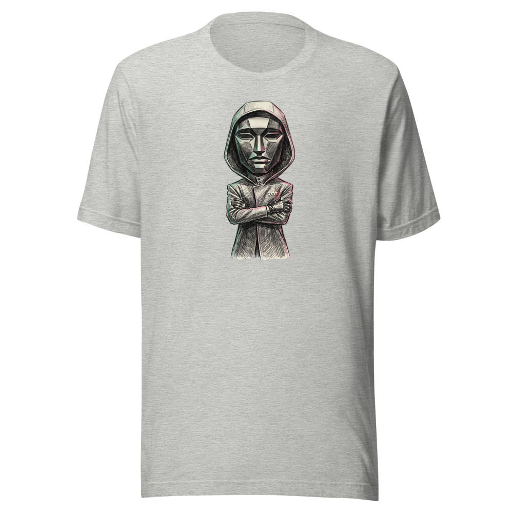 Masked Overseer Hooded Robe Sketch Tee — Men's Premium Tee — athletic heather front view
