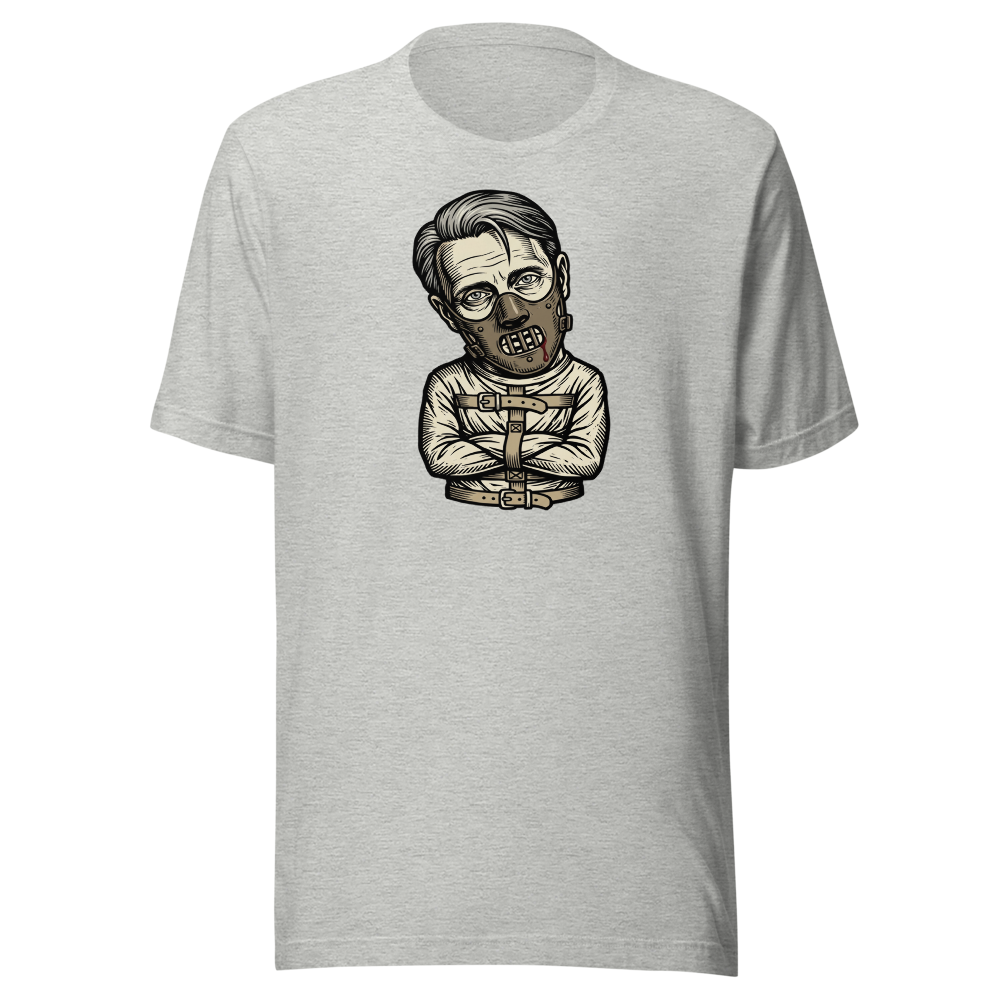 Polite Cannibal Muzzle Mask Linocut Horror Tee — Men's Premium Tee — athletic heather front view