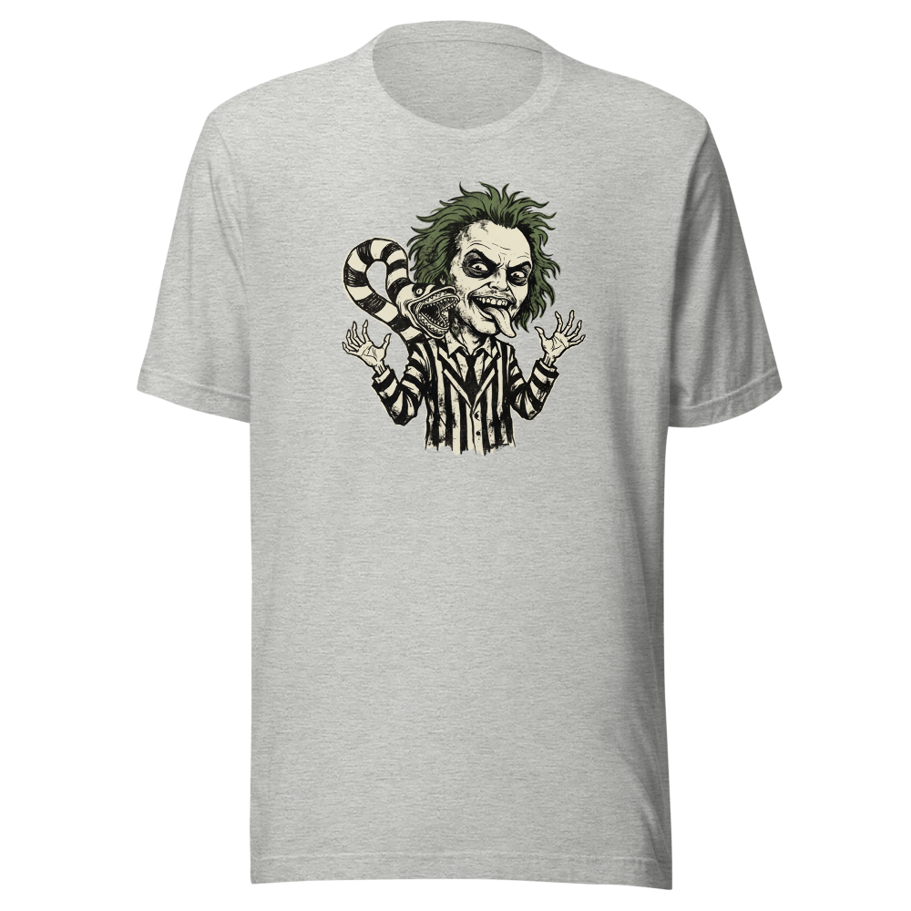 Bio-Exorcist Ghoul Pinstripe Punk Horror Comedy Tee — athletic heather front view