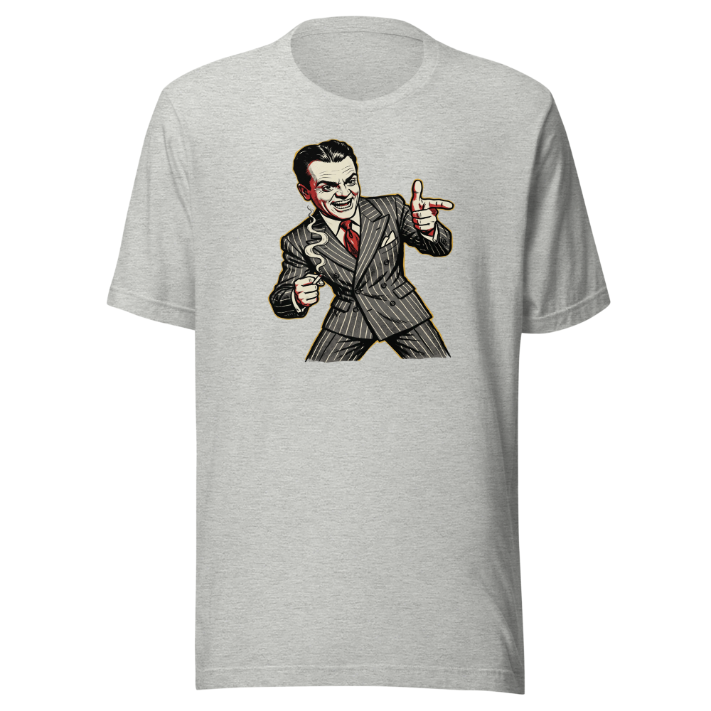Pinstripe Gangster Finger-Gun Punk Caricature Tee — athletic heather front view