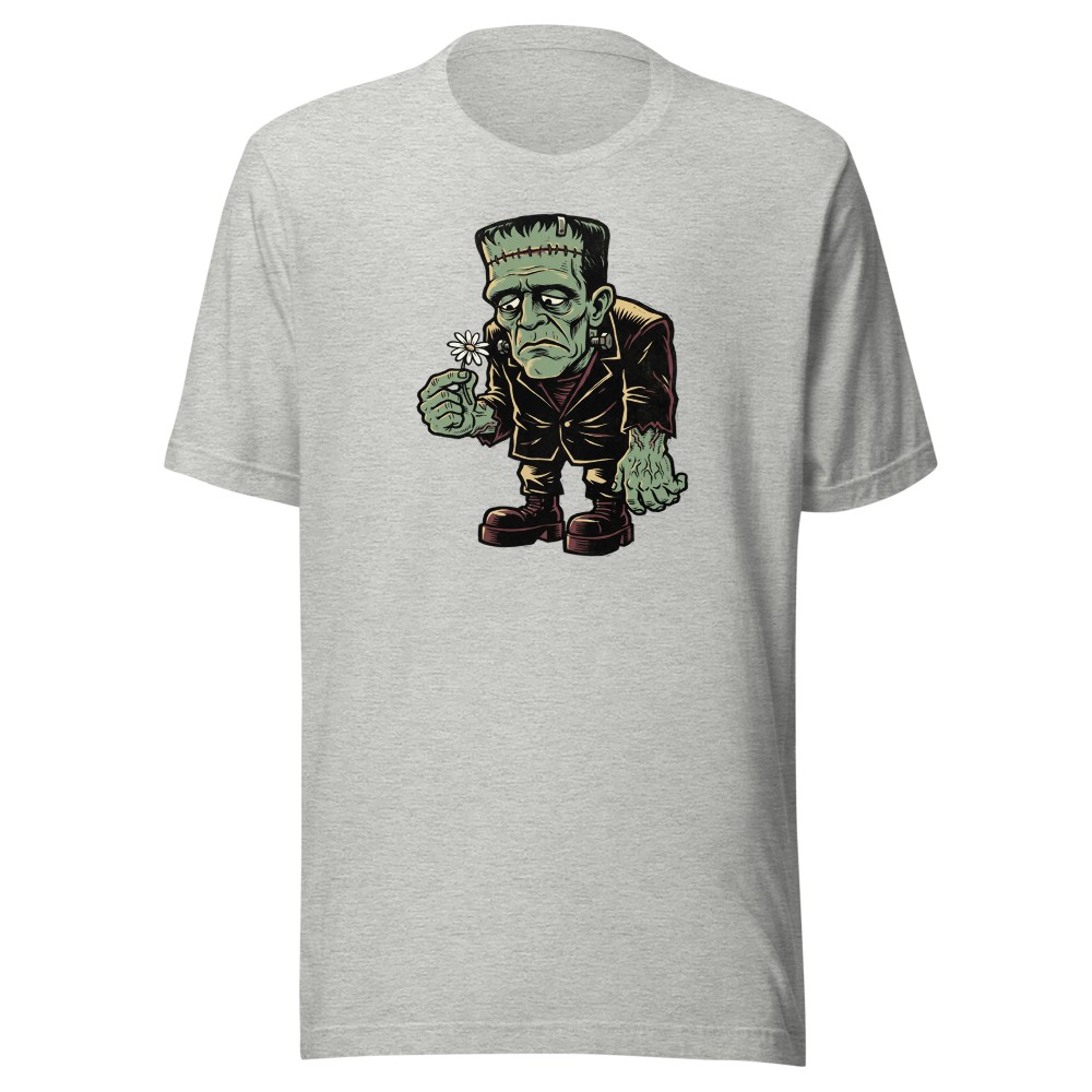 Confused Stitched Monster Holding Daisy Woodcut Tee — athletic heather front view