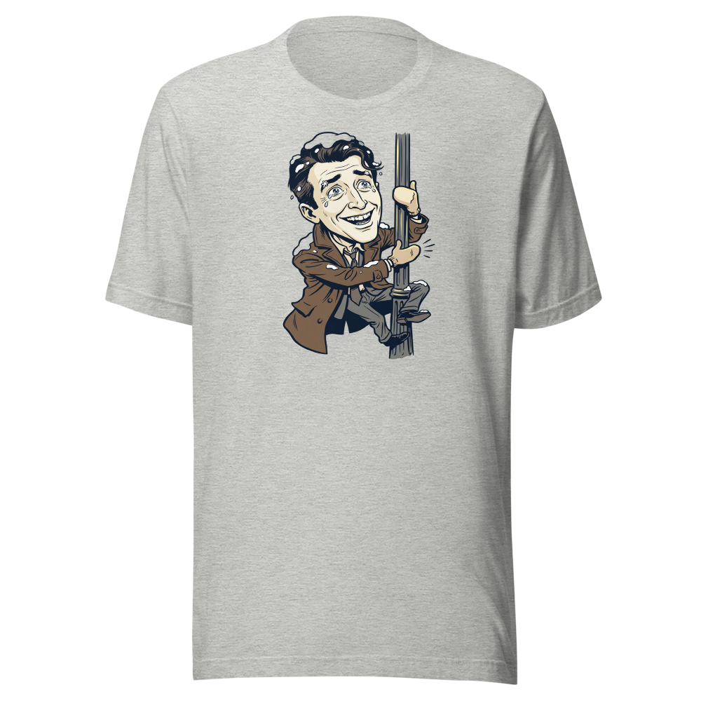 Snowy Lamppost Hug Christmas Movie Caricature T-Shirt — athletic heather front view