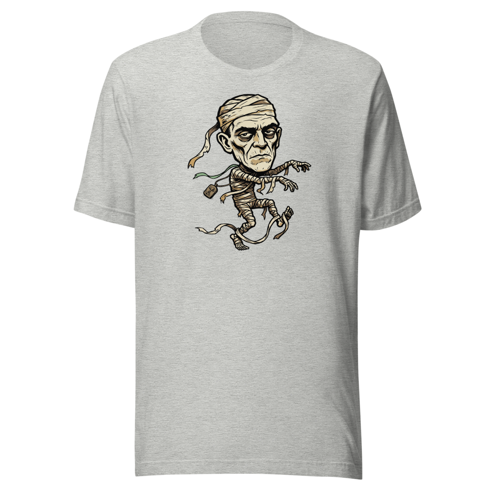 Tripping Mummy Woodcut Vintage Horror Tee — athletic heather front view