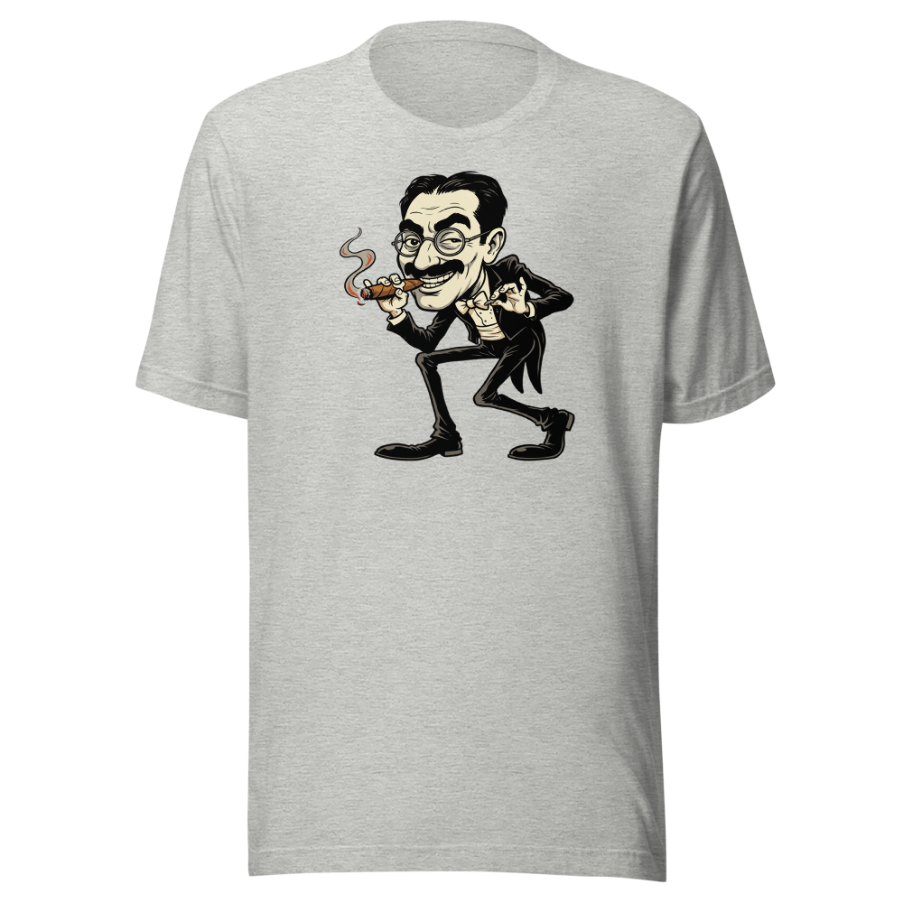 Sneaky Vaudeville Comedian Cigar Caricature Tee — athletic heather front view