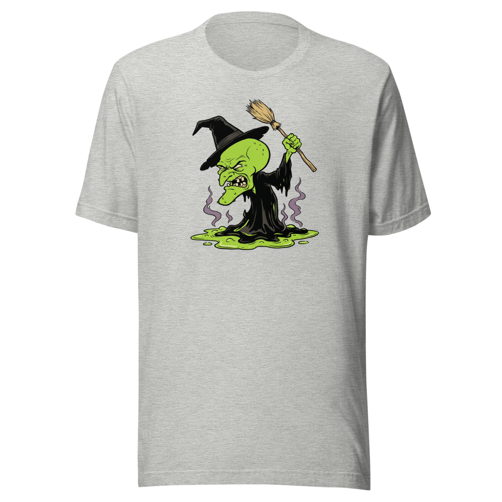 Melting Green Witch Editorial Cartoon Parody Tee — athletic heather front view