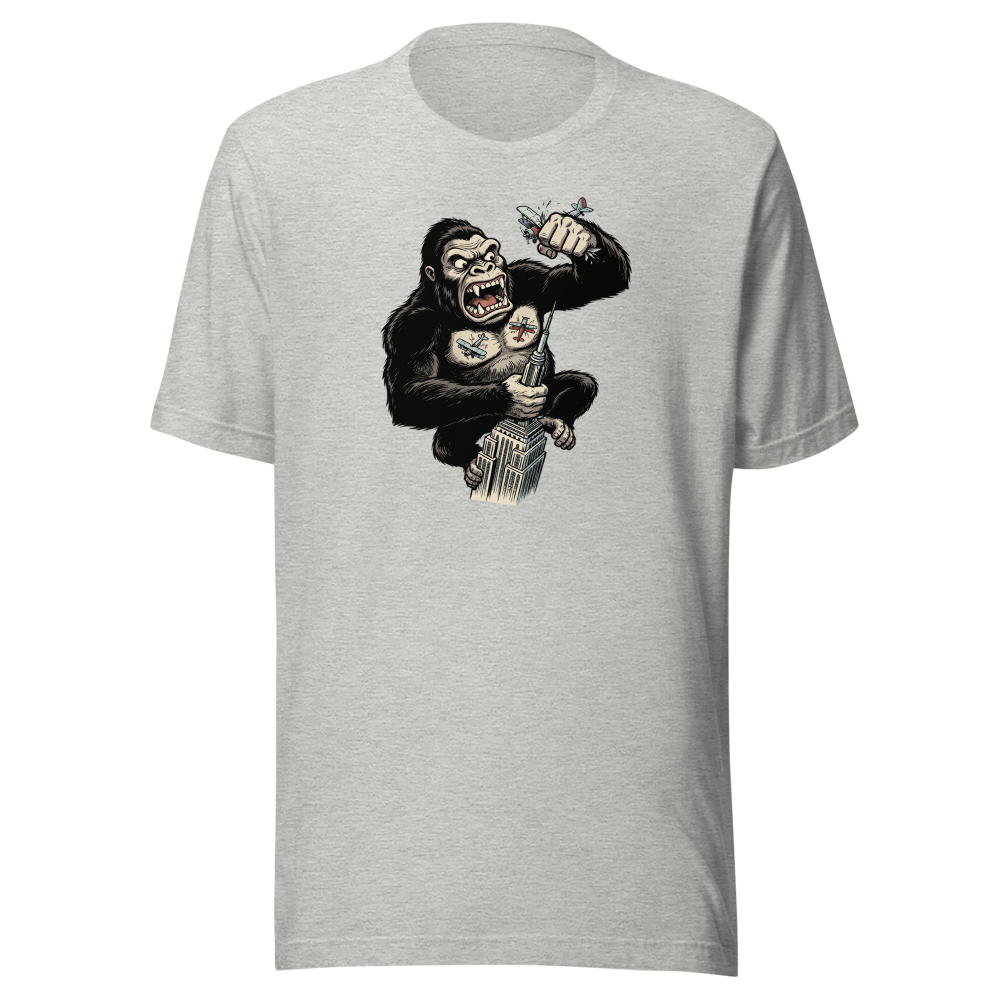 Giant Ape Skyscraper Biplane Smash Comic Tee — athletic heather front view