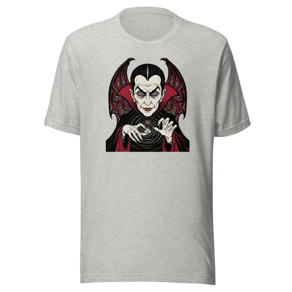 Caped Count Hypnotizes Garlic Psychedelic Horror Tee — athletic heather front view