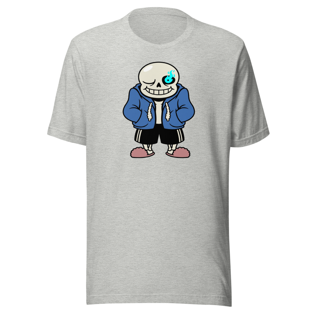 Lazy Skeleton Blue Hoodie Indie RPG Tee — athletic heather front view