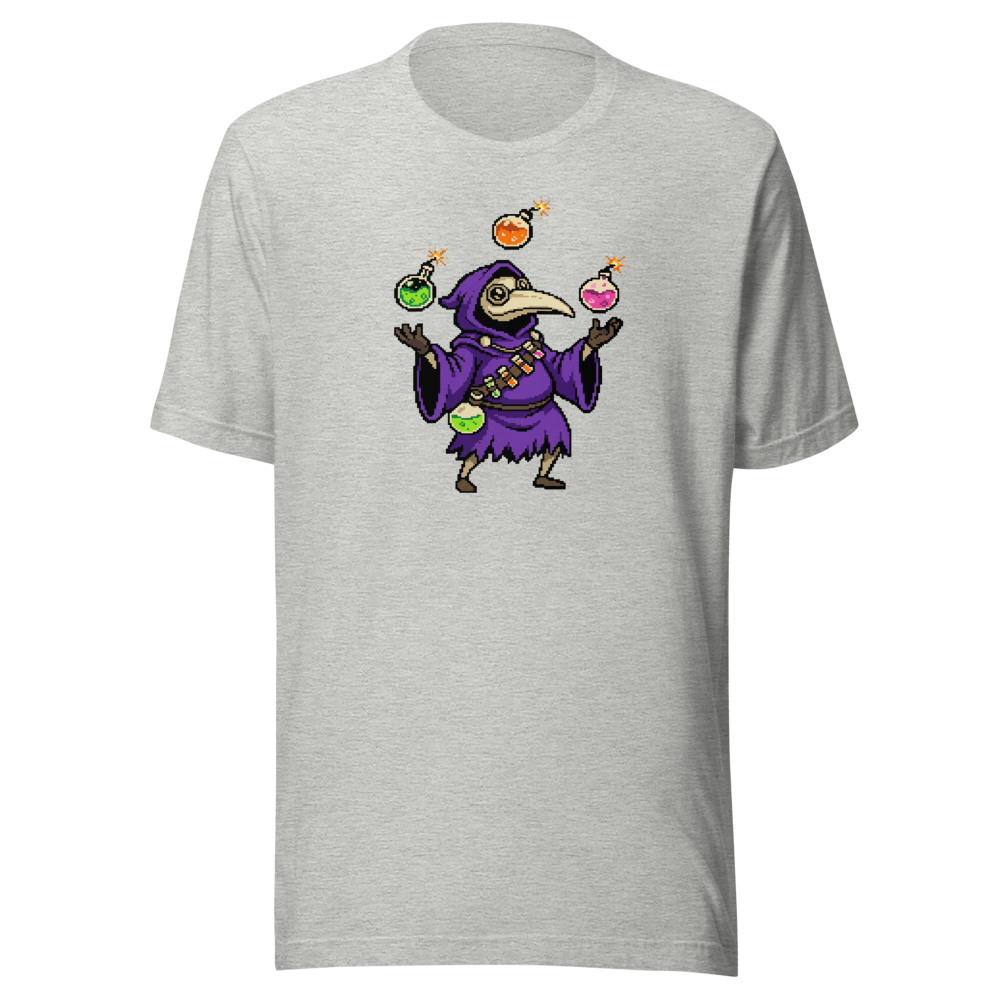 Hooded Pixel Alchemist Potion Juggler Retro Tee — athletic heather front view