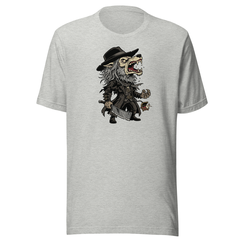 Beast Hunter Howling Tricorn Cleaver Comic Ink Tee — athletic heather front view