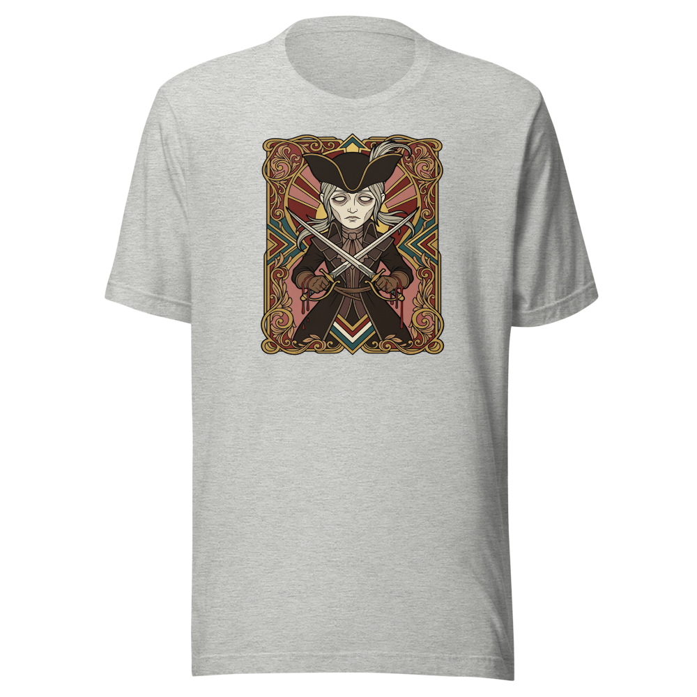 Clocktower Hunter Twin Blades Deco Duel Tee — athletic heather front view