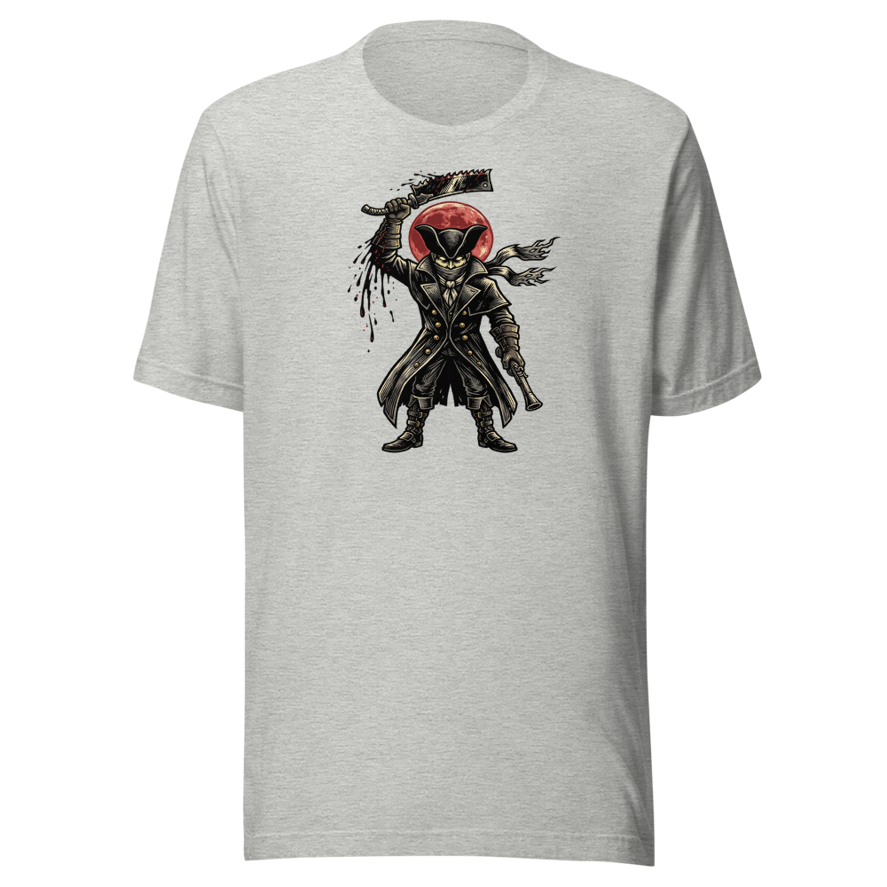Gothic Hunter Blood Moon Linocut Horror Tee — athletic heather front view