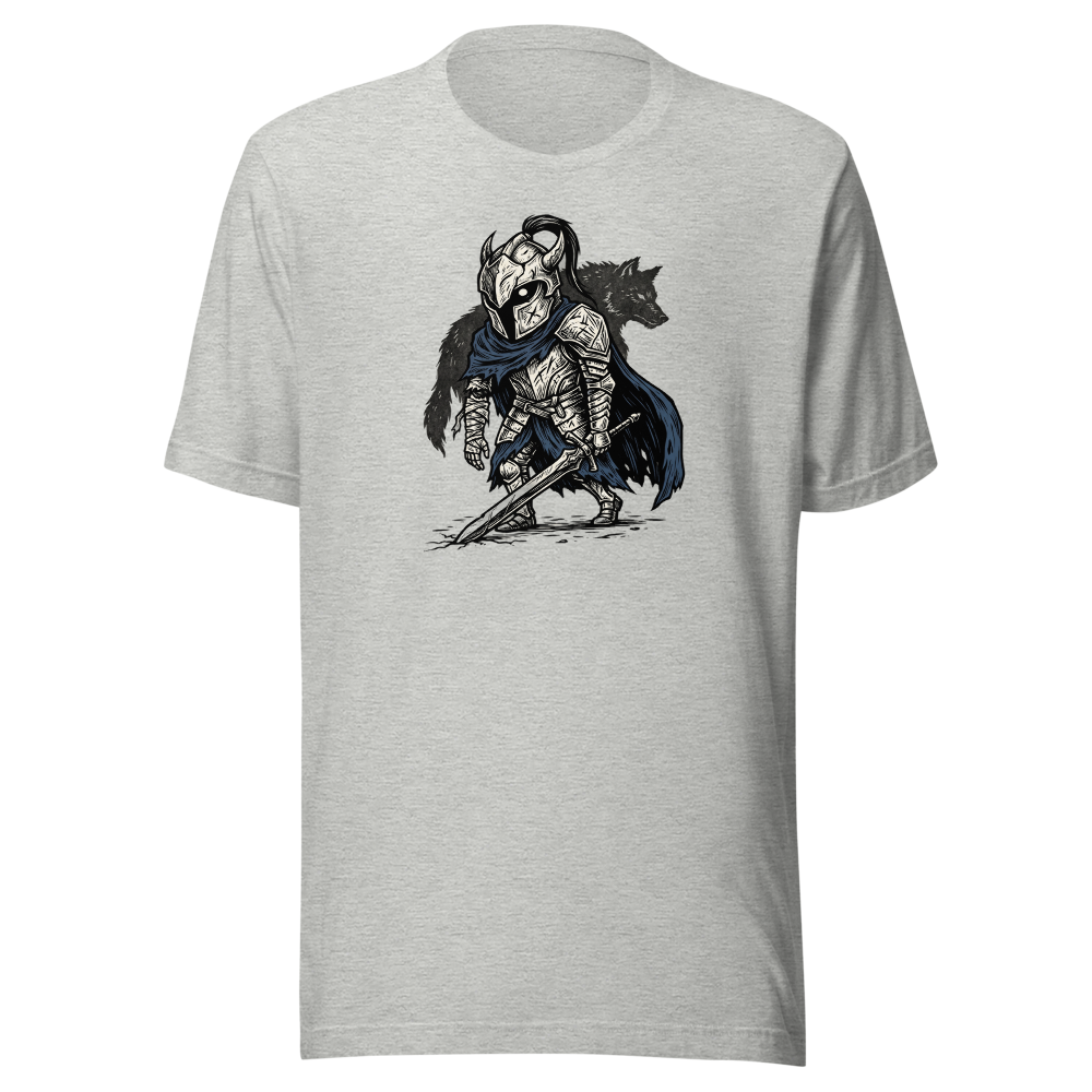 Broken Knight Abysswalker Blackwork Linocut Tee — athletic heather front view