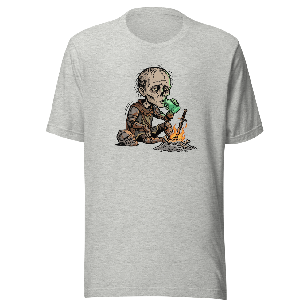 Hollow Knight Bonfire Estus Coffee Soulslike Parody Tee — athletic heather front view