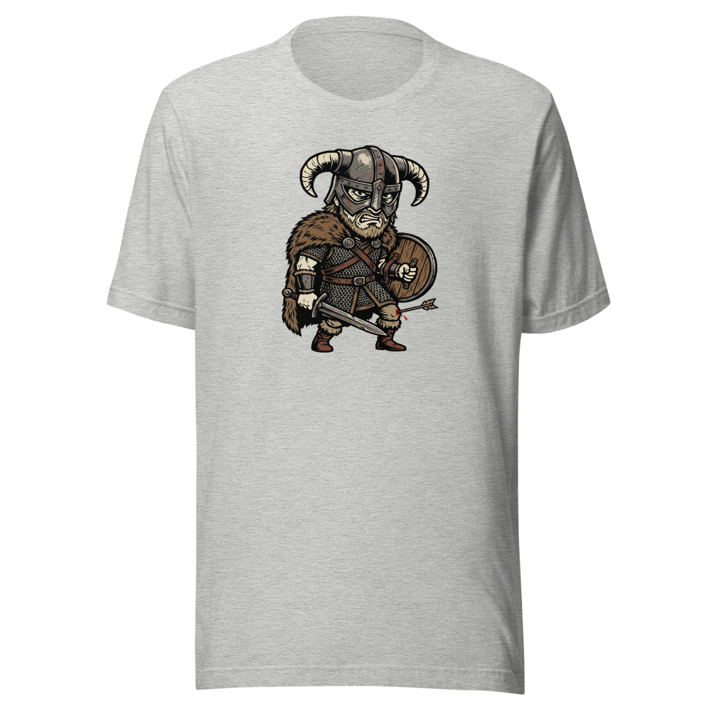 Horned Helmet Hero Arrow To The Knee Woodcut Tee — athletic heather front view