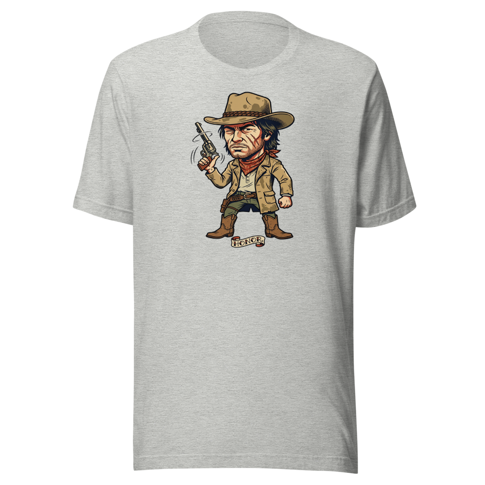 Scarred Outlaw Revolver Spinner Tattoo Flash Tee — athletic heather front view