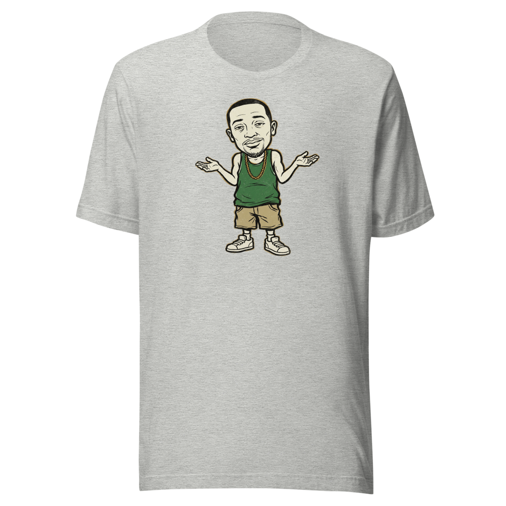 Here We Go Again Open-World Shrug Punk Tee — athletic heather front view