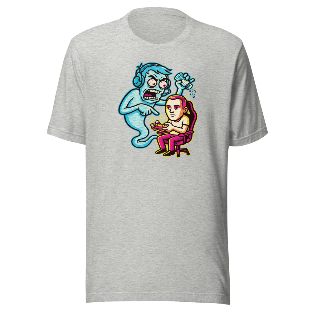 Salty Ghost Backseat Gamer Halftone Pop Art Tee — athletic heather front view