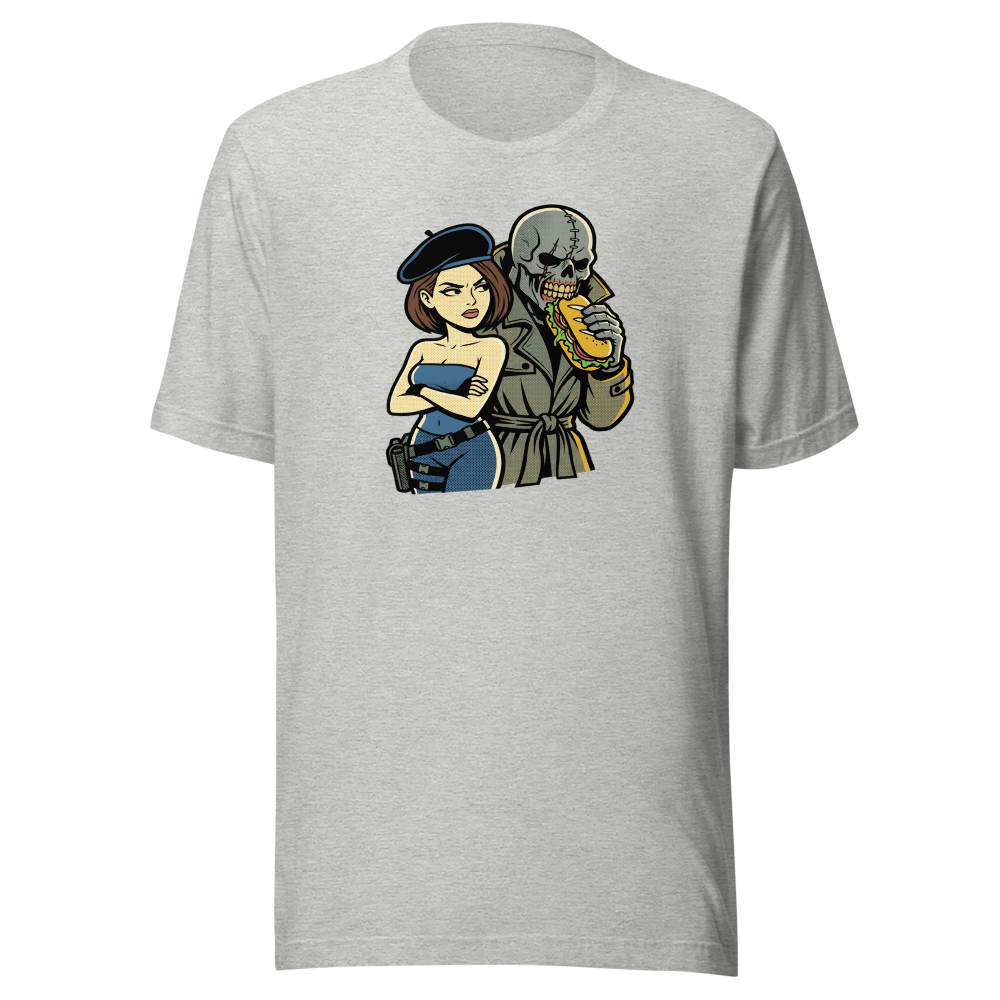 Parisian Beret Survival Horror Sandwich Parody Tee — athletic heather front view