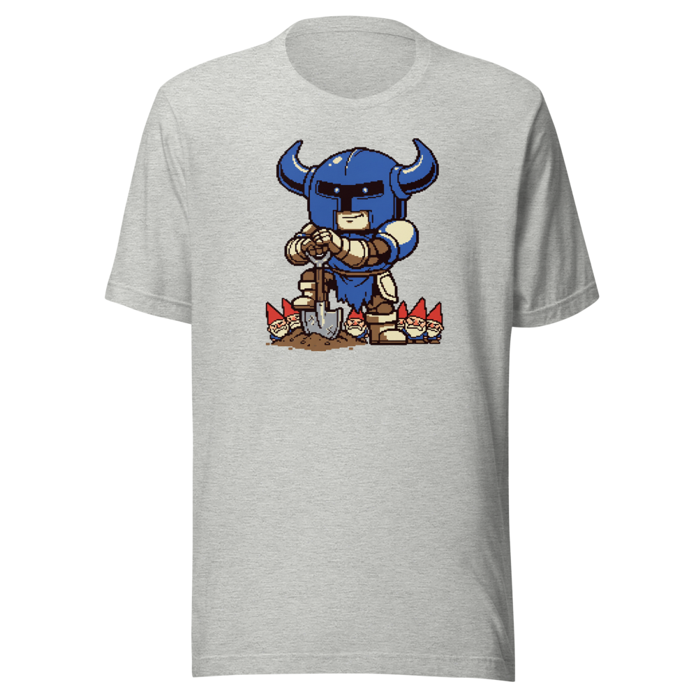 Pixel Knight Gnome Gardener Retro 16-Bit Gaming Tee — athletic heather front view
