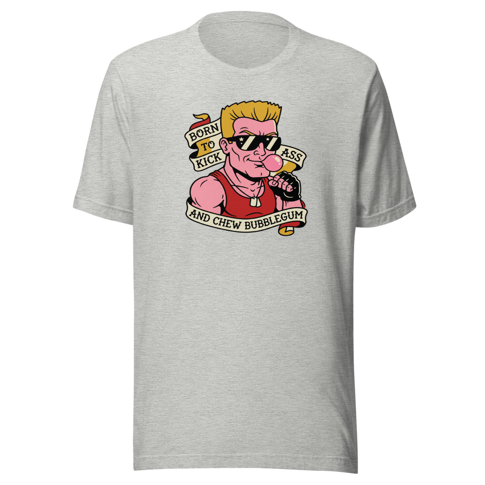 Bubblegum Action Hero Traditional Tattoo Flash Tee — athletic heather front view