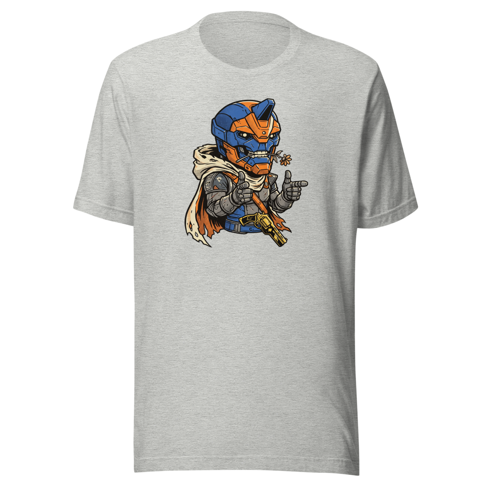 Wisecracking Exo Gunslinger Halftone Pop Art Tee — athletic heather front view
