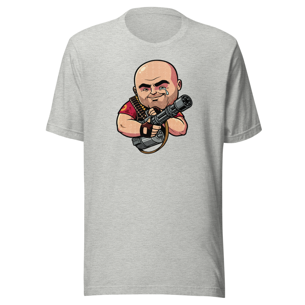 Big Russian Gunner Minigun Hug Pop Art Tee — athletic heather front view