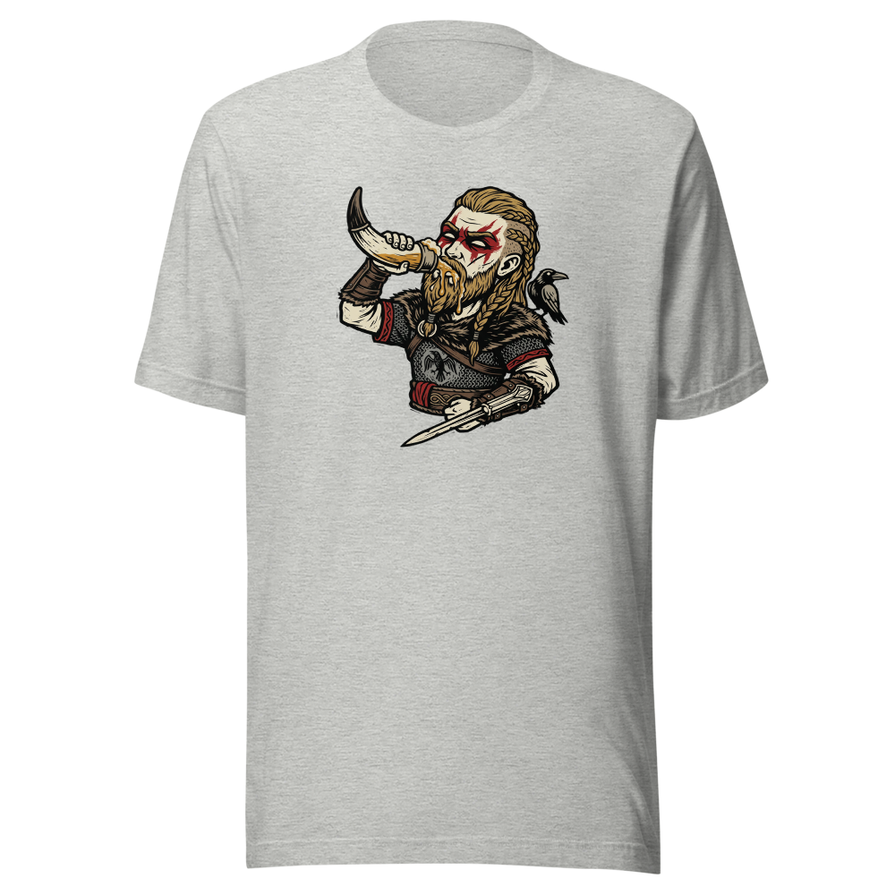Viking Raider Mead Horn Hidden Blade Woodcut Tee — athletic heather front view