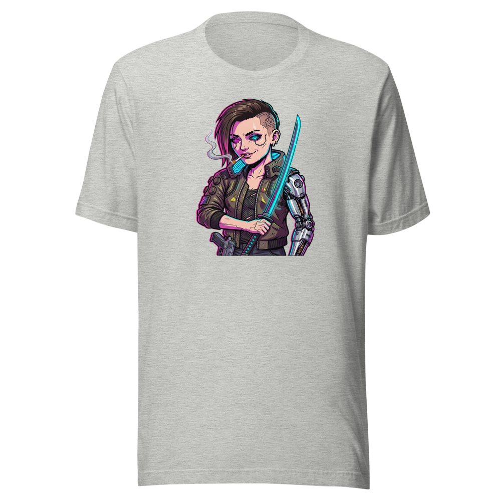 Neon Night City Chrome Merc Katana Tee — athletic heather front view