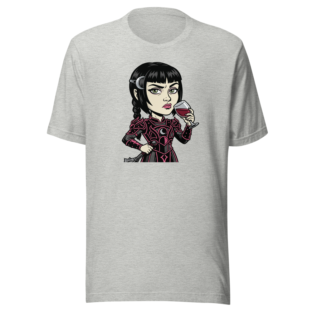 Moody Cleric Wine Judgment Comic Ink RPG Tee — athletic heather front view