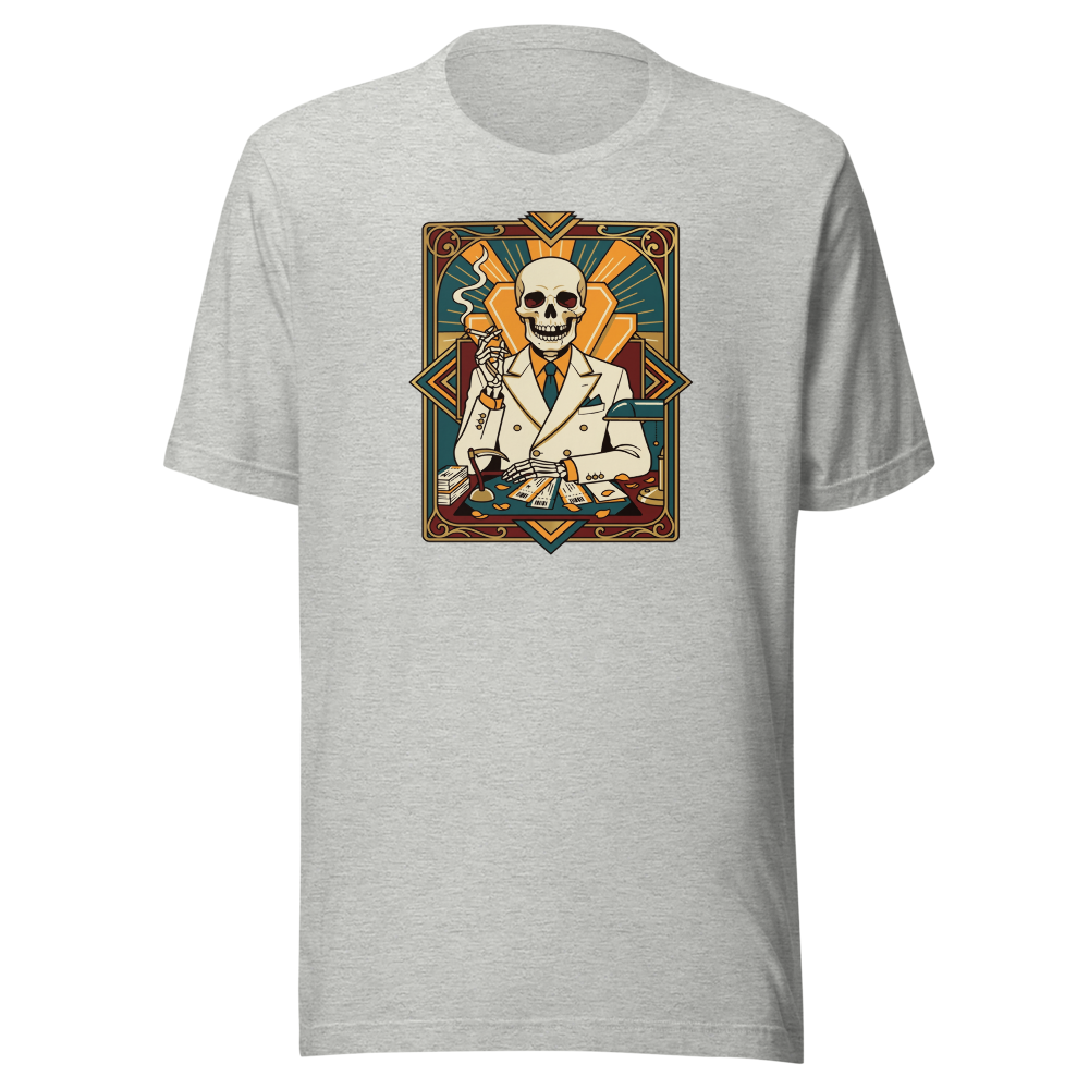 Skeleton Travel Agent Art Deco Noir Tee — athletic heather front view