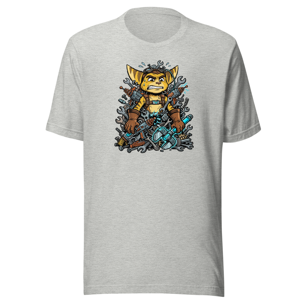 Overwhelmed Space Mechanic Wrench Pile Comic Tee — athletic heather front view