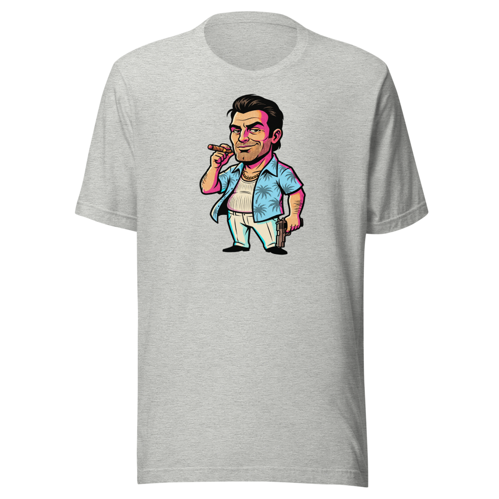 Tropical Mobster Halftone Pop Art Neon Miami Tee — athletic heather front view
