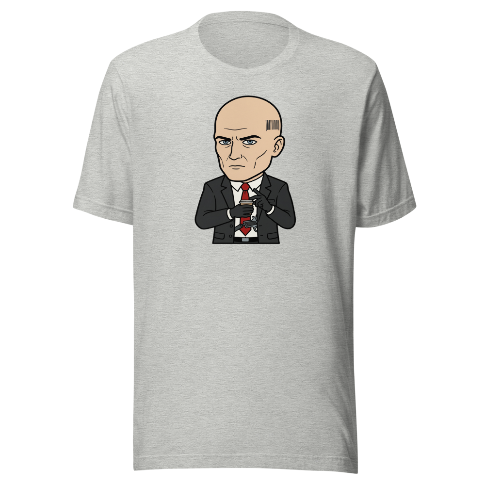Deadpan Bald Assassin Cappuccino Order Tee — athletic heather front view