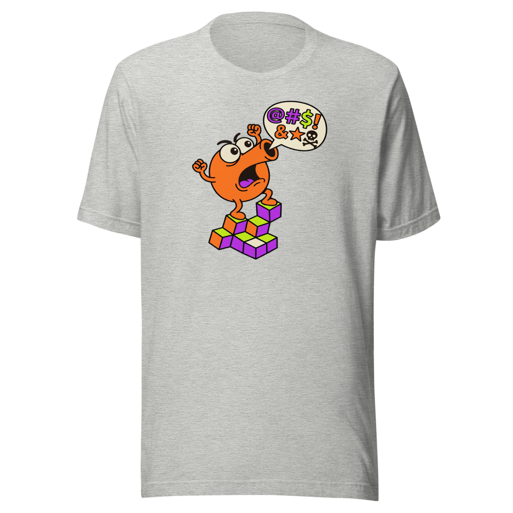Rage Quit Arcade Gremlin Retro Cube Pyramid Tee — athletic heather front view