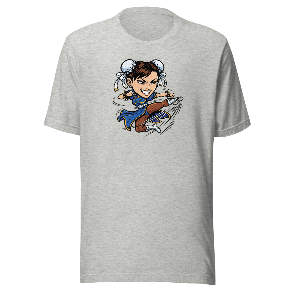 Arcade Fighter Spinning Kick Halftone Pop Art Tee — athletic heather front view