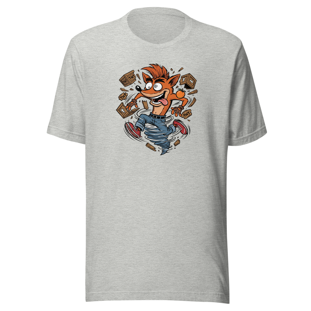 Spin Attack Marsupial Crate Smasher Retro Gaming Tee â€” Athletic Heather front view