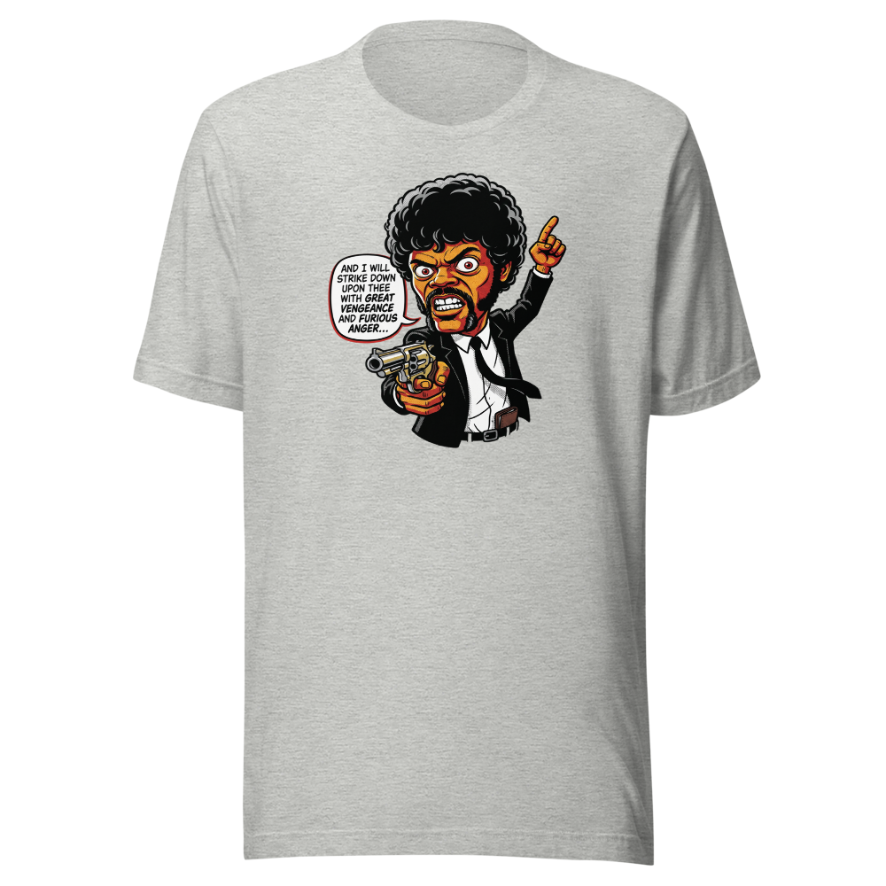 Righteous Hitman Halftone Pop Art Movie Tee — athletic heather front view