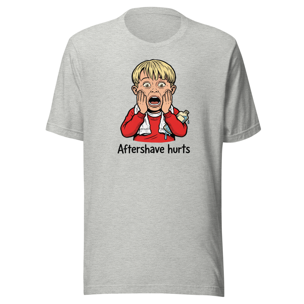 Aftershave Hurts Suburban Scream Comedy Tee — athletic heather front view