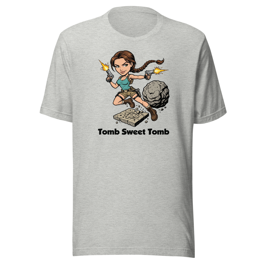 Tomb Sweet Tomb Action Heroine Adventure Tee — athletic heather front view