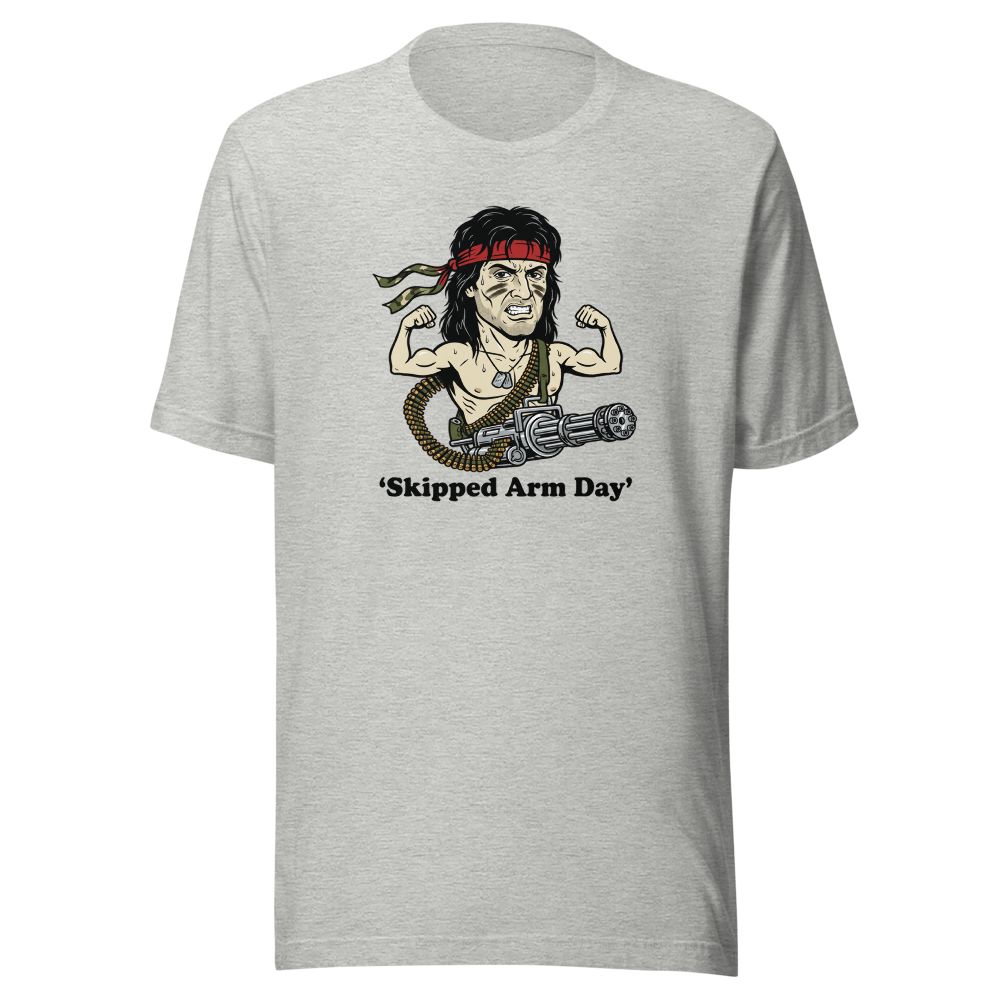 Skipped Arm Day One-Man Army Punk Action Tee — athletic heather front view
