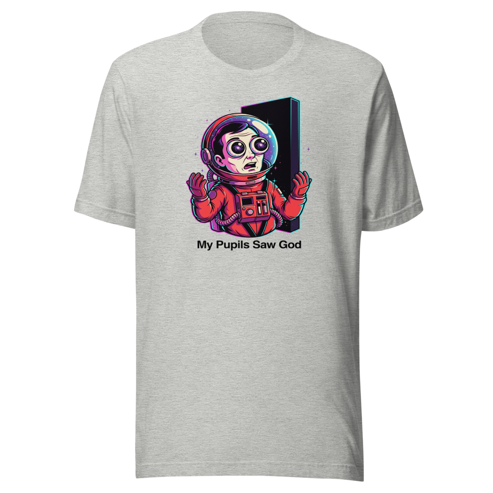 Cosmic Astronaut Monolith Neon Sci-Fi Parody Tee — athletic heather front view