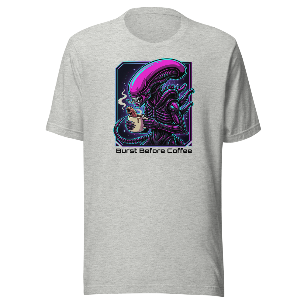 Burst Before Coffee Cyberpunk Alien Horror Tee — athletic heather front view