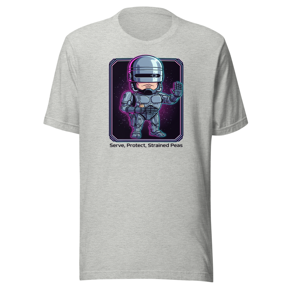 Cyborg Cop Strained Peas Cyberpunk Parody Tee — athletic heather front view