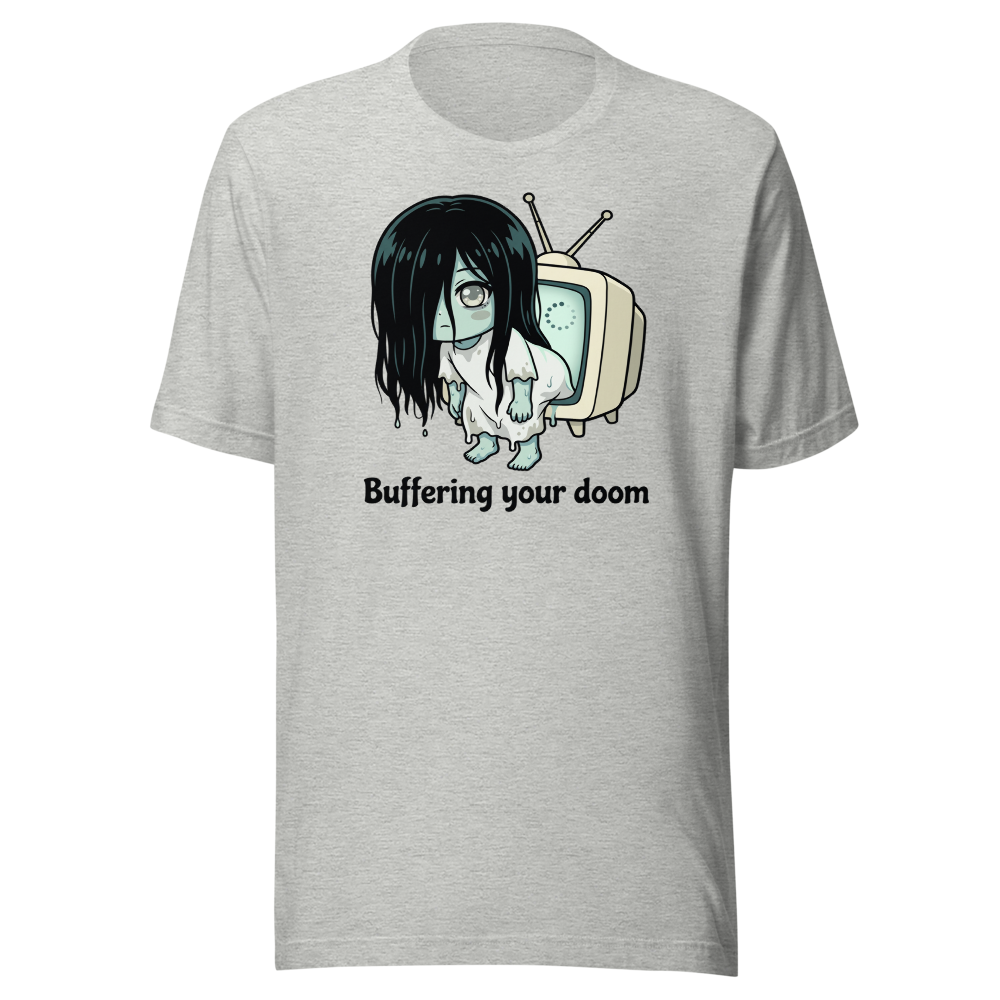 Buffering Your Doom Chibi Kawaii Horror Ghost Tee — athletic heather front view