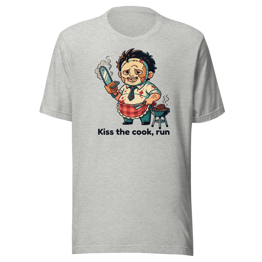 Chibi Slasher Grill Dad Chainsaw BBQ Horror Tee — athletic heather front view
